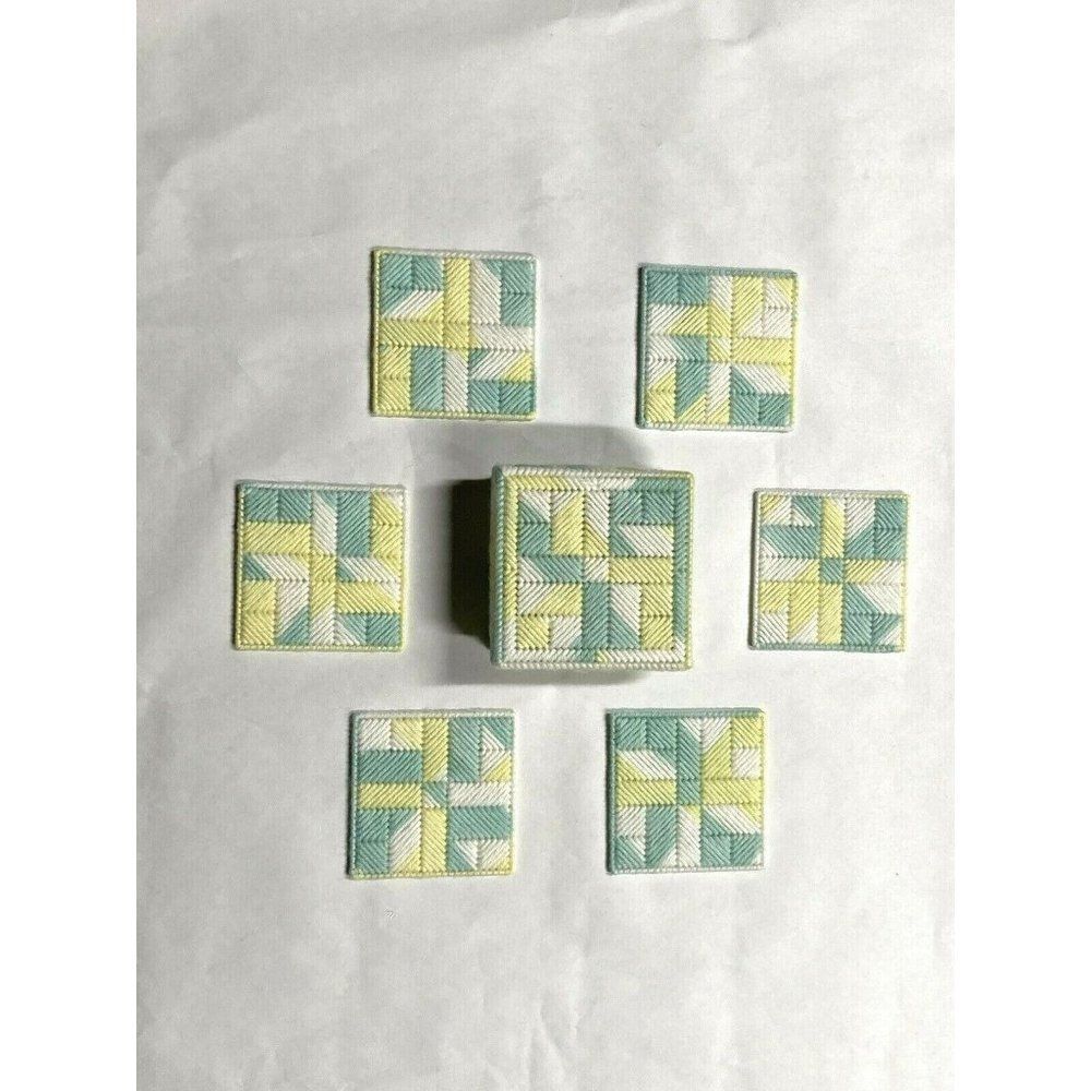 Vintage Handmade Plastic Canvas Yarn 6 Coaster Set W/ Holder 4” Green Yellow - Picture 2 of 4